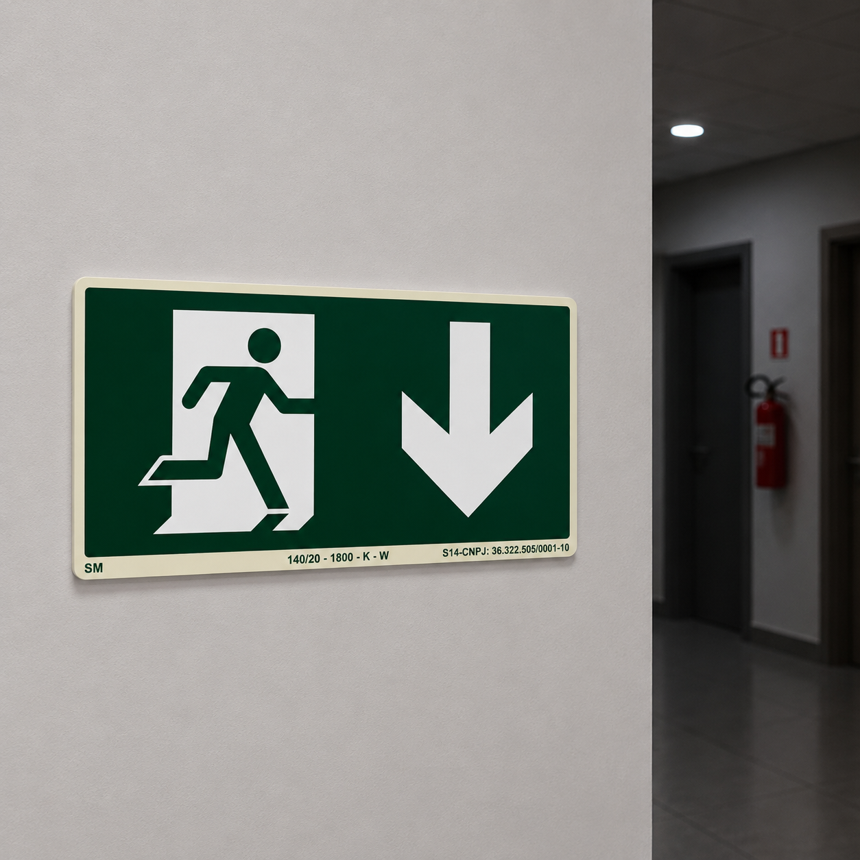 PLACA FOTOLUMINESCENTE - PLACA ROTA DE FUGA - SAÍDA DE EMERGÊNCIA SETA PARA BAIXO - SINALIZAÇÃO SEGURANÇA INCÊNDIO