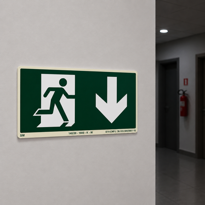 PLACA FOTOLUMINESCENTE - PLACA ROTA DE FUGA - SAÍDA DE EMERGÊNCIA SETA PARA BAIXO - SINALIZAÇÃO SEGURANÇA INCÊNDIO