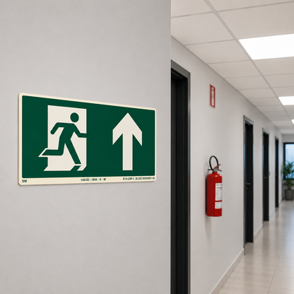 PLACA FOTOLUMINESCENTE SAÍDA DE EMERGÊNCIA SAÍDA A FRENTE SETA PARA CIMA – NBR 16820