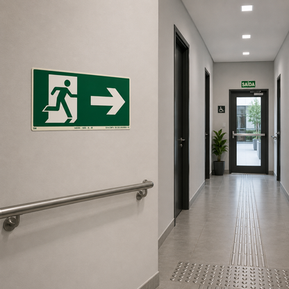 PLACA FOTOLUMINESCENTE SAÍDA DE EMERGÊNCIA SETA DIREITA | ROTA DE FUGA NBR 16820