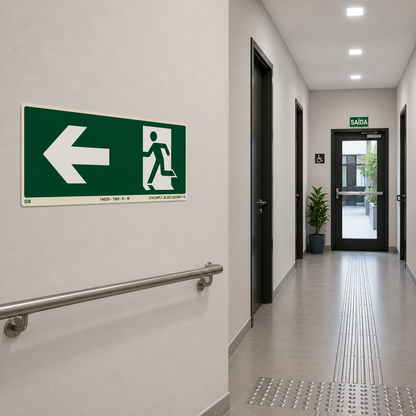 PLACA FOTOLUMINESCENTE SAÍDA DE EMERGÊNCIA SETA ESQUERDA | ROTA DE FUGA NBR 16820