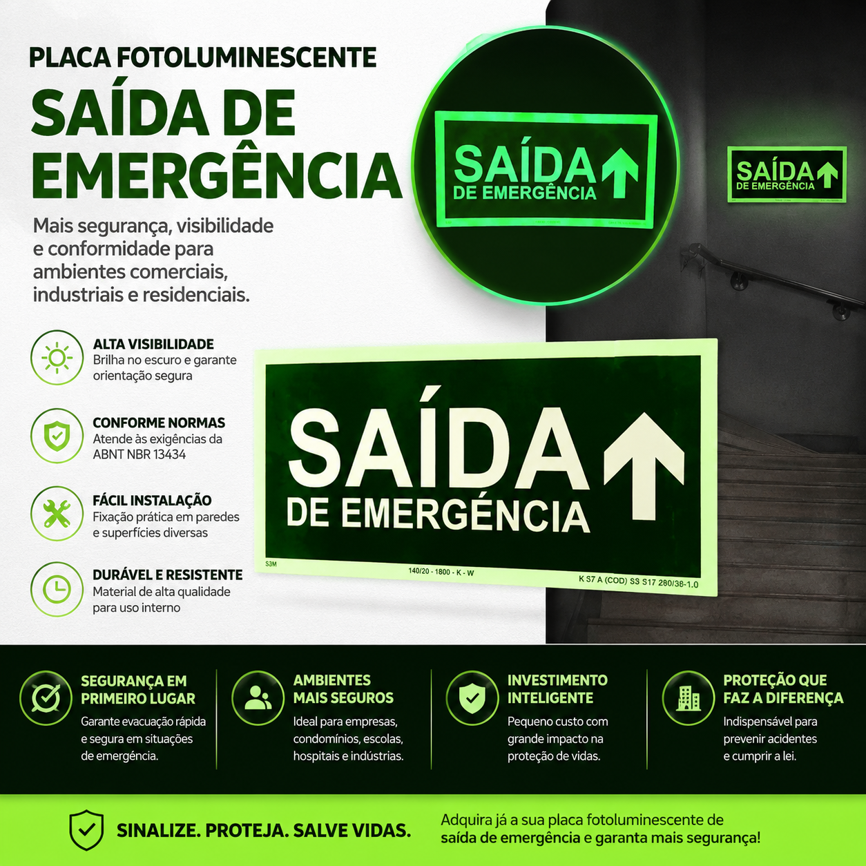 Placa Saída de Emergência para Cima Fotoluminescente Certificada 12x24cm