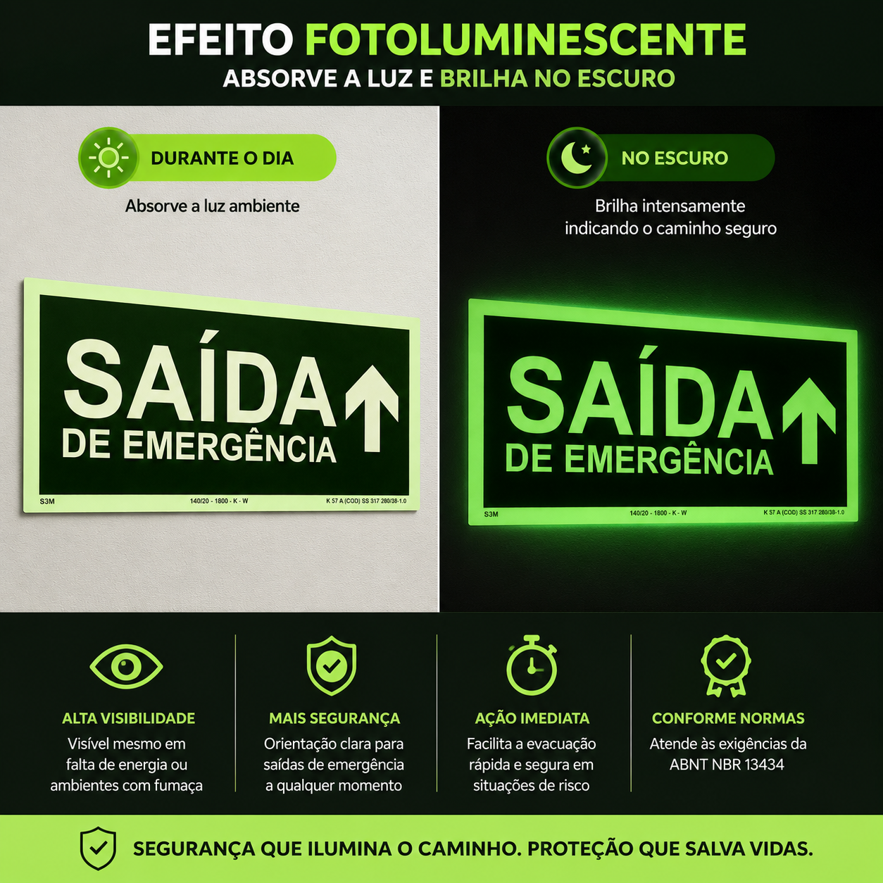 Placa Saída de Emergência para Cima Fotoluminescente Certificada 12x24cm