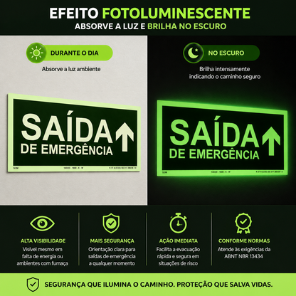 Placa Saída de Emergência para Cima Fotoluminescente Certificada 12x24cm