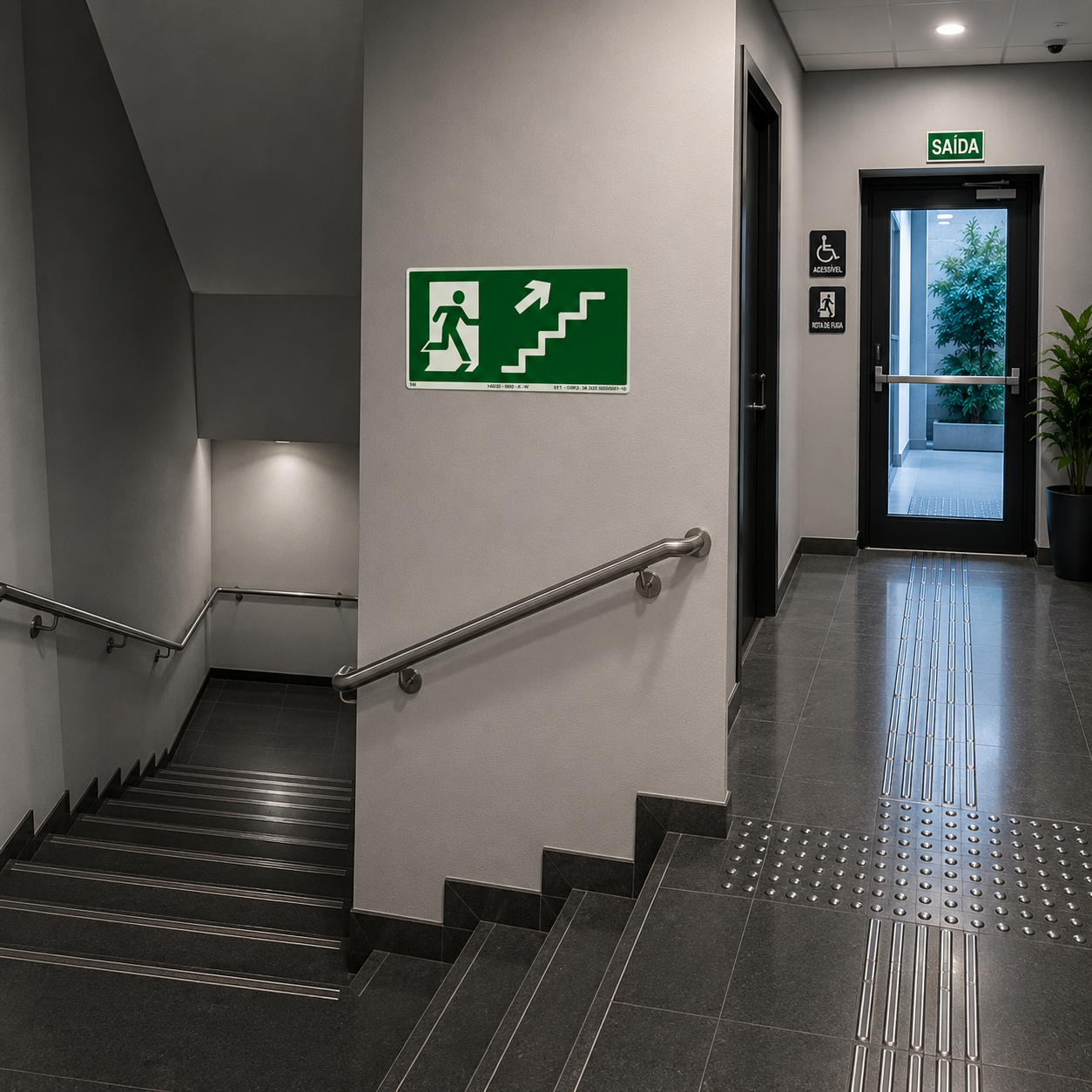PLACA ROTA DE FUGA - ESCADA PARA CIMA DIREITA