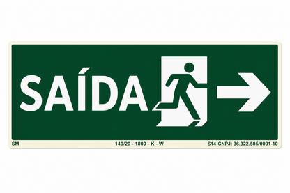 PLACA FOTOLUMINESCENTE - ROTA DE FUGA - SAÍDA DE EMERGÊNCIA PARA DIREITA - SINALIZAÇÃO SEGURANÇA INCÊNDIO