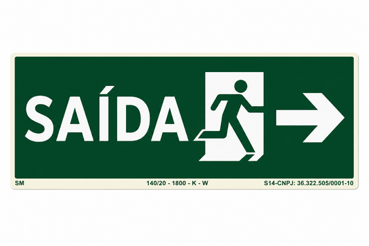 PLACA FOTOLUMINESCENTE - ROTA DE FUGA - SAÍDA DE EMERGÊNCIA PARA DIREITA - SINALIZAÇÃO SEGURANÇA INCÊNDIO