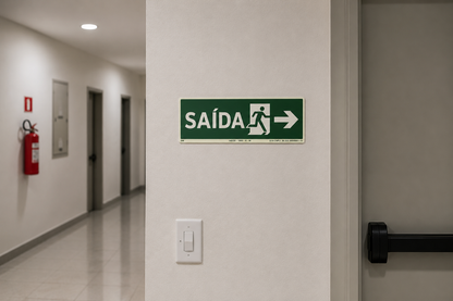 PLACA FOTOLUMINESCENTE- ROTA DE FUGA - CADEIRANTE PARA DIREITA - SINALIZAÇÃO SEGURANÇA INCÊNDIO