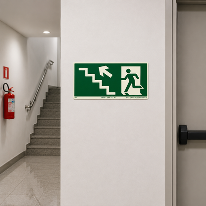 PLACA FOTOLUMINESCENTE - PLACA ROTA DE FUGA - ESCADA PARA CIMA ESQUERDA - SINALIZAÇÃO SEGURANÇA INCÊNDIO