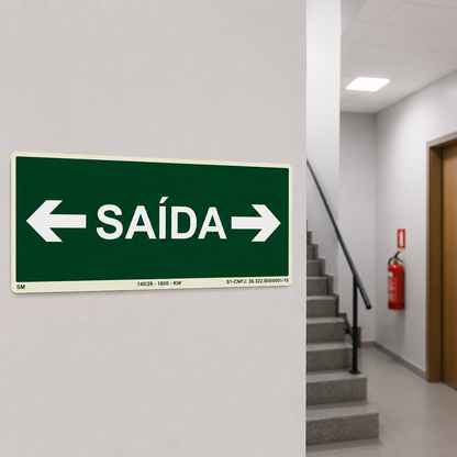 PLACA FOTOLUMINESCENTE- ROTA DE FUGA - SAÍDA DE EMERGÊNCIA PARA AMBOS LADOS - SINALIZAÇÃO SEGURANÇA INCÊNDIO