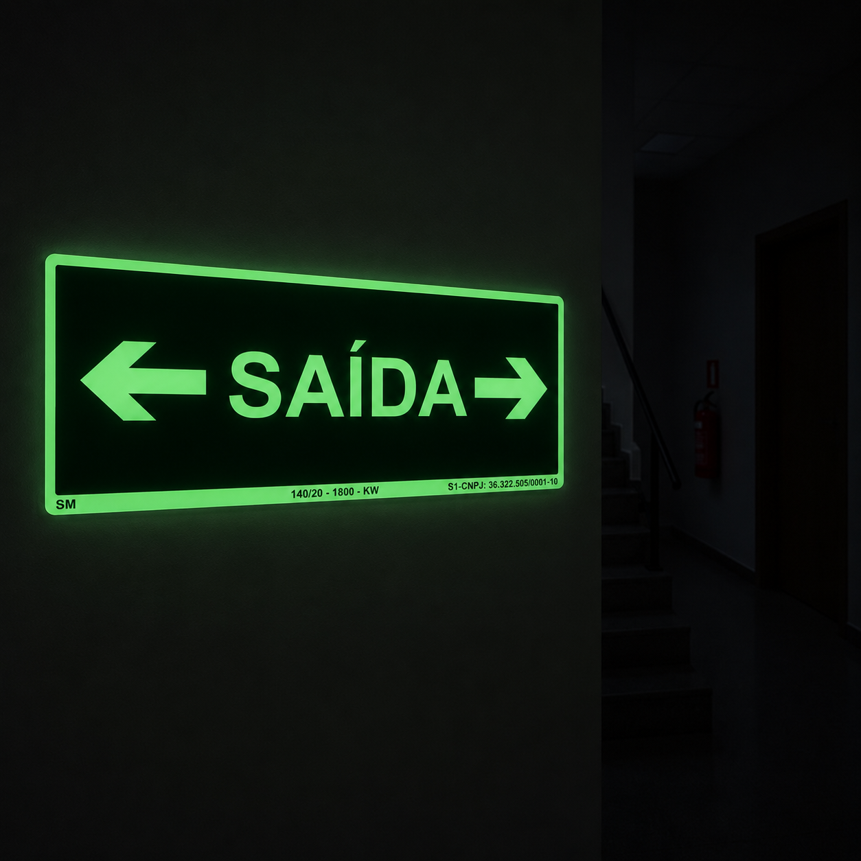 PLACA FOTOLUMINESCENTE- ROTA DE FUGA - SAÍDA DE EMERGÊNCIA PARA AMBOS LADOS - SINALIZAÇÃO SEGURANÇA INCÊNDIO