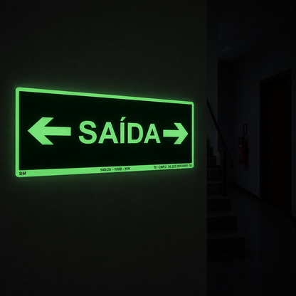 PLACA FOTOLUMINESCENTE- ROTA DE FUGA - SAÍDA DE EMERGÊNCIA PARA AMBOS LADOS - SINALIZAÇÃO SEGURANÇA INCÊNDIO