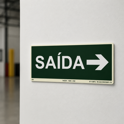 PLACA FOTOLUMINESCENTE -  ROTA DE FUGA - SAÍDA DIREITA SETA - SINALIZAÇÃO SEGURANÇA INCÊNDIO