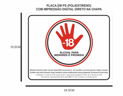 Placa de Sinalização Proibida Venda de Bebida Alcoólica para Menor de 18 anos