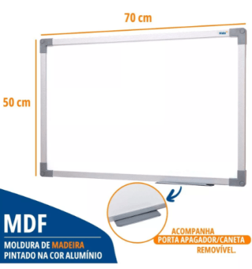 QUADRO BRANCO COM MOLDURA DE ALUMÍNIO 70X50 CM UV SOFT STALO